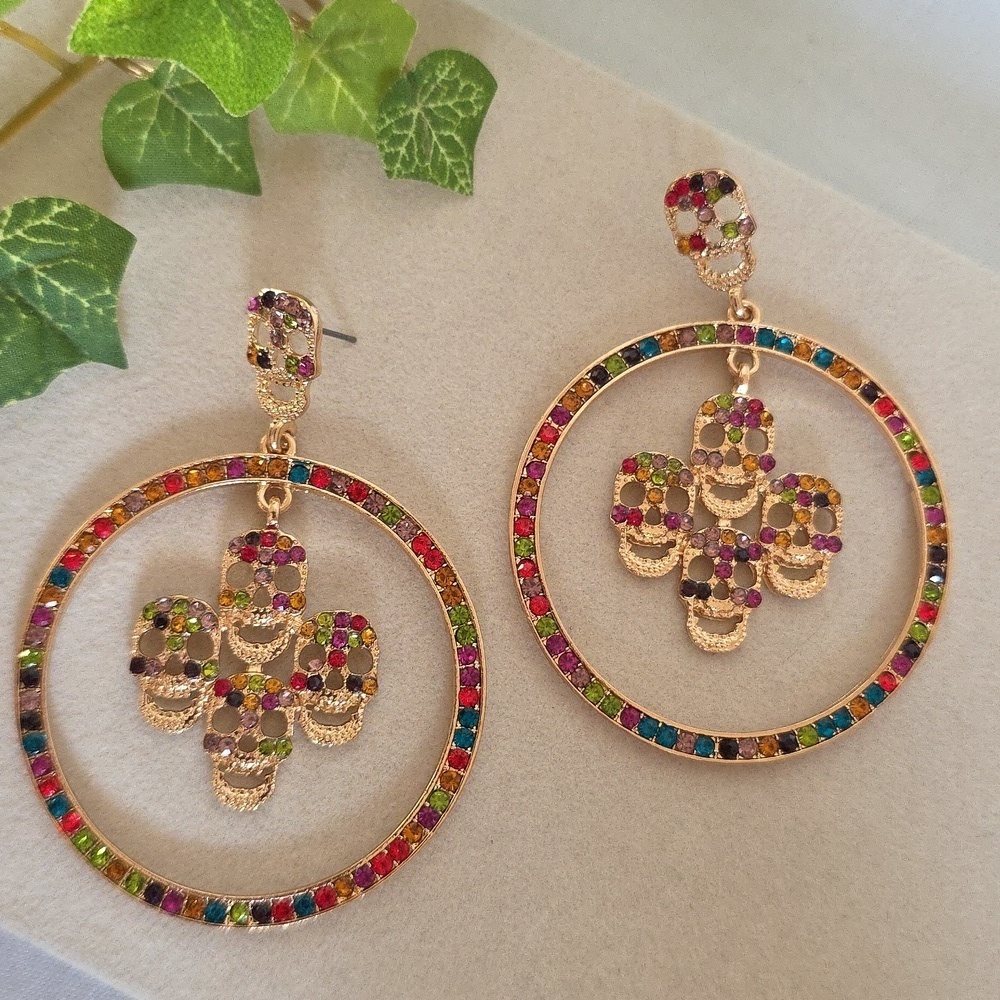 Large Statement Gold Multi Color Hoop Earrings With Skulls